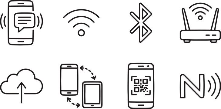 Wireless communication icons displaying black outline symbols of network connectivity and data transfer on a white background.