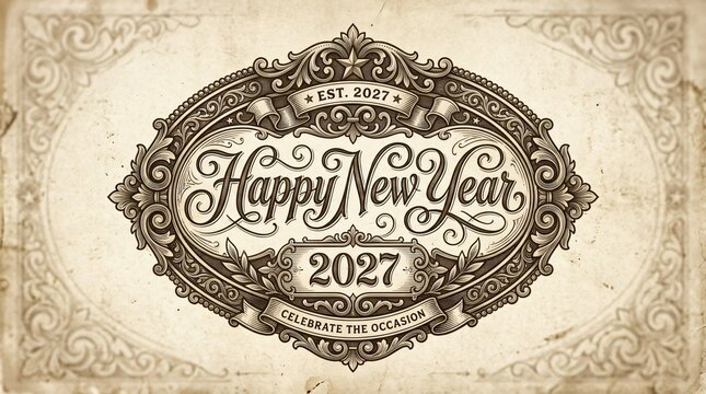 Happy New Year 2027 vintage engraving style poster. Detailed ornamental frame with calligraphy typography and retro border. Antique paper texture background for festive holiday projects