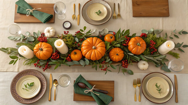 Autumn Thanksgiving Table Setting Flat Lay with Pumpkins, Wine, Candles, and Greenery