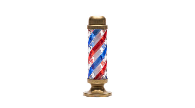 Vintage barber pole with red and blue stripes, antique brass barbershop sign, traditional hair salon symbol on white background