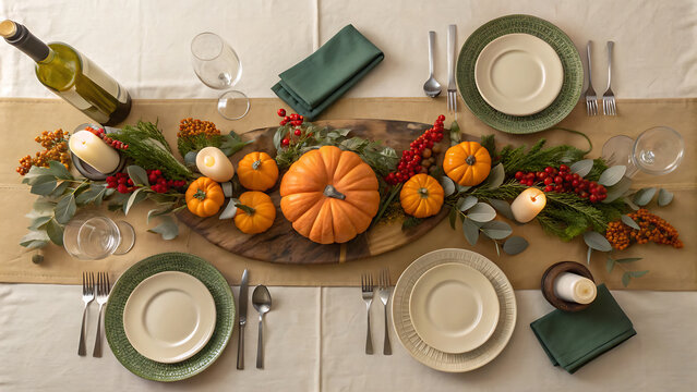 Autumn Thanksgiving Table Setting Flat Lay with Pumpkins, Wine, Candles, and Greenery
