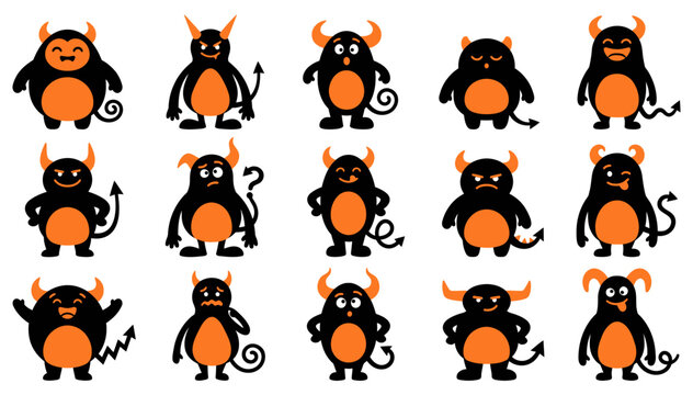 A collection of cute halloween devil vector silhouette characters featuring various funny expressions for your creative holiday design projects
