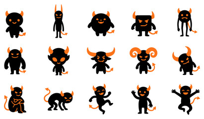 Obraz premium A collection of various halloween devil vector silhouette characters featuring different poses and expressions for creative holiday design projects