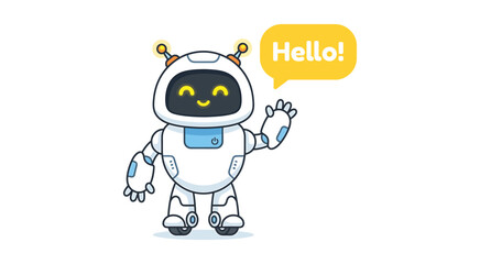 Fototapeta premium Cute ai robot greeting illustration. Friendly futuristic robot with raised hand and hello speech bubble, representing artificial intelligence, virtual assistant, chatbot communication, technology.