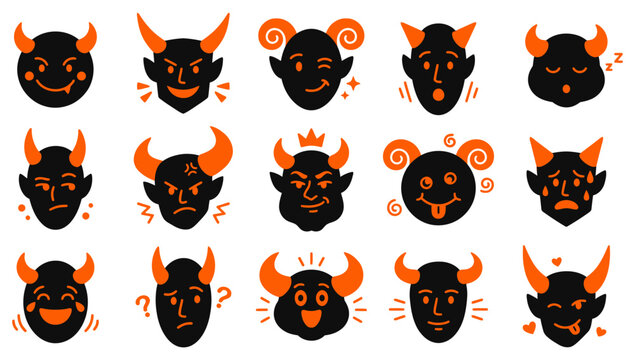 Set of various halloween devil vector silhouette icons featuring different scary demon faces with horns for holiday design projects