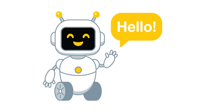 Friendly chatbot robot hello banner illustration. Smiling robotic character waving beside a speech bubble, representing ai assistant, online communication, customer service, automation, innovation.