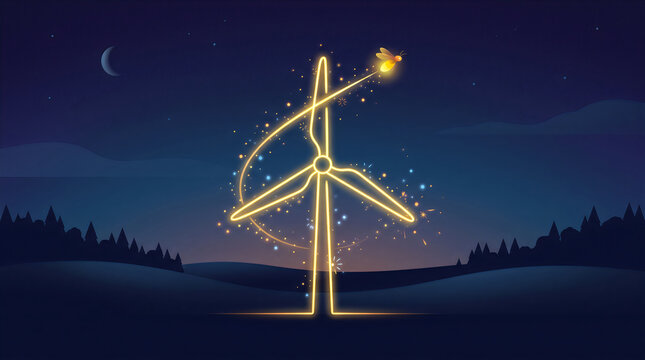 Firefly glowing trail wind turbine clean energy concept award winning illustration