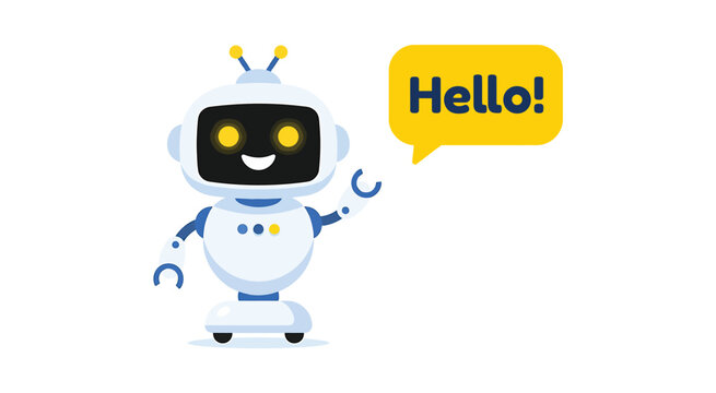 Friendly robot hello speech bubble illustration. Cute artificial intelligence robot waving with a greeting message for technology, chatbot, automation, communication, customer service.