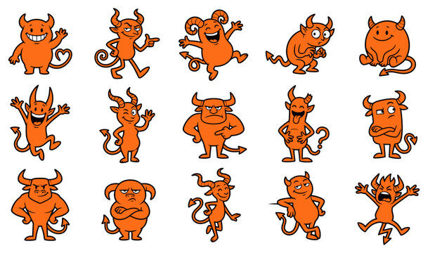 A collection of cute orange halloween devil vector silhouette characters in various poses for festive holiday graphic design projects