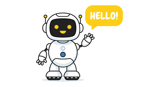 Friendly robot hello speech bubble illustration. Cute artificial intelligence robot waving with a greeting message for technology, chatbot, automation, communication, customer service.