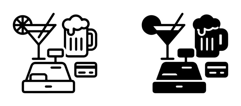 Bar and Restaurant Transaction Icons: Cash Register, Cocktail, Beer Mug, Credit Card, Payment Icons for Hospitality Business