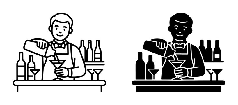 Bartender Pouring Cocktail, Bar Service Icon Set, Professional Mixologist Crafting Drinks, Silhouette and Line Art Styles