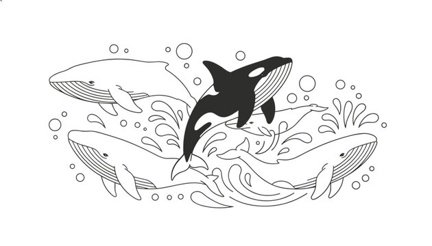 Beautiful black and white line art depicting a majestic killer whale orca jumping among swimming baleen whales.