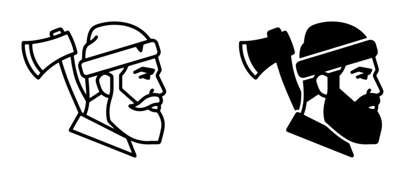 Lumberjack Icon Set, Bearded Man Profile with Axe, Vintage Woodcutter Emblem, Minimalist Outline and Silhouette Graphics