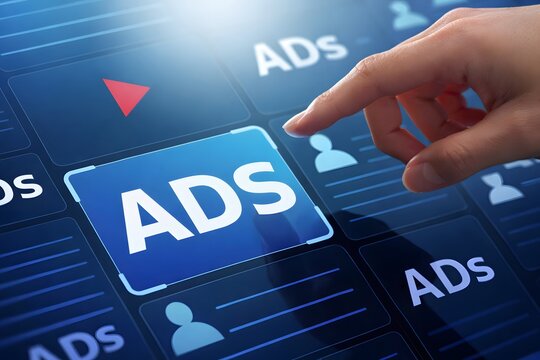 Digital advertising and online ad concept. Hand touching and tapping banner advertisement on social media web site.