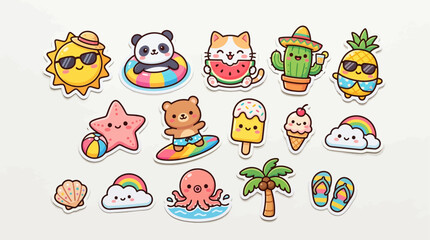 Fototapeta premium Cute kawaii summer stickers collection with adorable animals, sun, pineapple, and tropical icons for fun designs