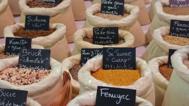 Wide view of many spice bags with handwritten French price labels at an outdoor market stall, Cannes, France