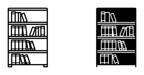 Fototapeta premium Minimalist Bookshelf Icons, Vector Set: Black and White Library Shelving Graphics for Education, Storage, and Organization Concepts