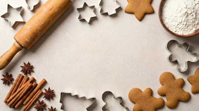 Christmas Baking Ingredients and Gingerbread Cookies Frame with Copy Space