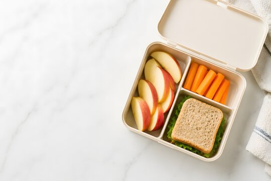 Healthy school lunchbox with apple slices and carrot sticks