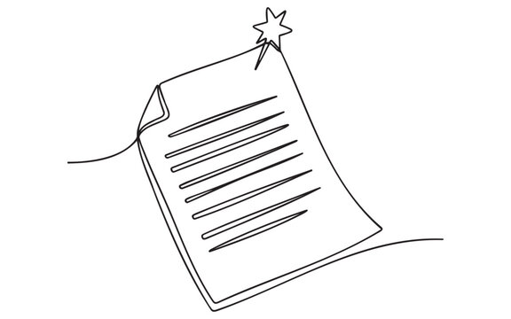 Continuous single line drawing of a document page with a star symbol representing an important paper or file icon