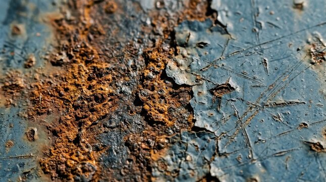 Close up macro shot of severely weathered and rusted metal surface with peeling paint showing decay oxidation and industrial texture background