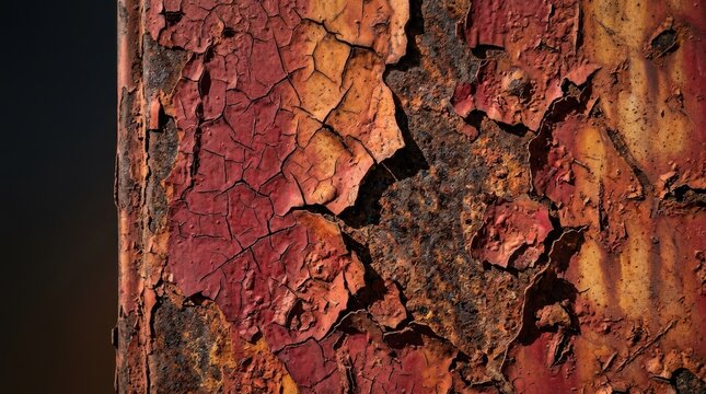 Close up macro view of heavily weathered industrial metal surface featuring intensely flaking crimson paint and extensive orange rust corrosion