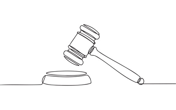 Continuous single line drawing of a wooden judge gavel hitting a sound block for law justice and legal court concepts