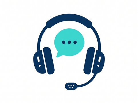 ​A minimal flat icon of a dark blue headset with a microphone and a light blue chat bubble in the center, symbolizing customer support or communication.