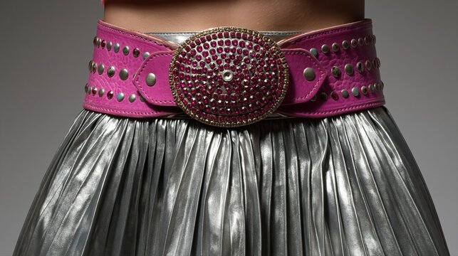A bold bubblegum-pink cowgirl belt with rhinestones cinches a metallic silver pleated skirt. Studio lighting casts dramatic shadows, highlighting western-inspired glamour.