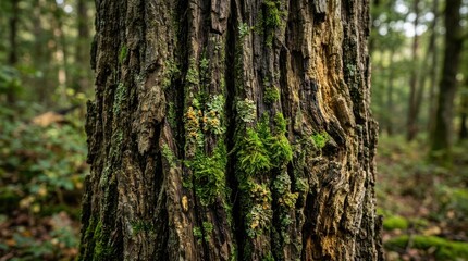 Fototapeta premium Close up shot of a tree trunk with deep rough bark texture covered with vibrant green moss and tiny lichens growing in a peaceful woodland forest