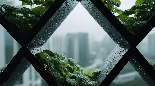 Lush green plants thrive on a rain-soaked geometric metal lattice with a blurred urban skyline backdrop. Fresh mint leaves and water droplets highlight urban greenery.