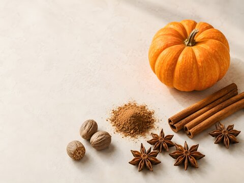 Pumpkin spice ingredients flat lay on a cream kitchen surface