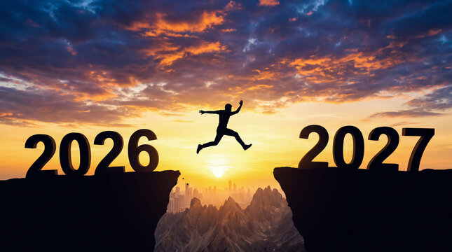 Silhouette of man jumping from year 2026 to 2027 over cliff at sunset