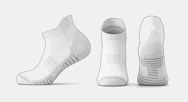 Vector illustration of white athletic ankle socks in three views side, front, and back. Perfect for sportswear design, textile mockups, and apparel branding