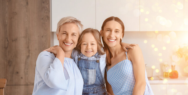Multigenerational family bonding, happy grandmother mother and daughter smiling together at home for a portrait of love and connection in the kitchen