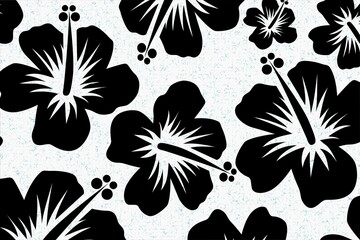 Seamless Black Hibiscus Flower Pattern on White Textured Background, High Contrast Tropical Design © Tinku