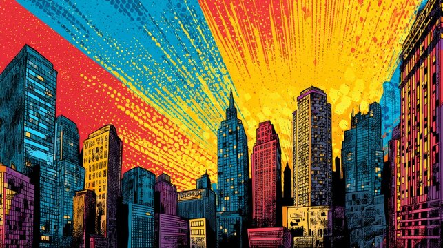 Colorful pop art city silhouette background in retro comic style with vibrant spring colors, bold halftone pattern, urban skyline illustration for posters, banners, websites, advertising, social media