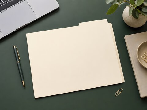 HR onboarding documents folder on a forest green office desk