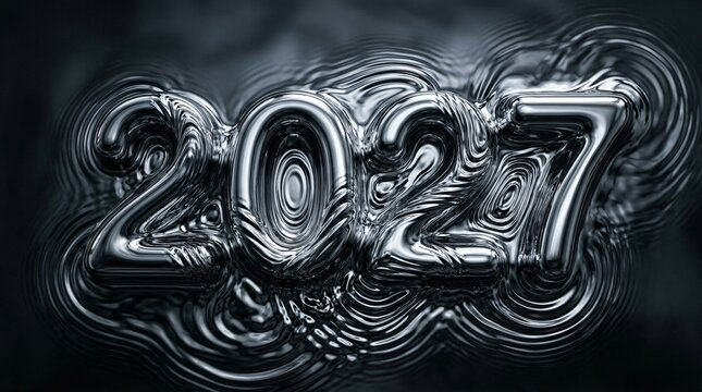 2027 liquid metal typography design. Futuristic chrome numbers floating on a dark reflective fluid surface. High contrast monochromatic ripples. Digital asset for new year celebrations