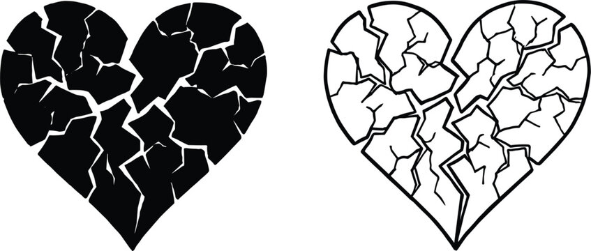 Broken heart silhouette and outline line art vector icon set symbolizing heartbreak divorce sadness and emotional pain