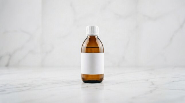 Blank Amber Glass Bottle with White Label on White Marble Background for Cosmetic or Medical Product Mockup
