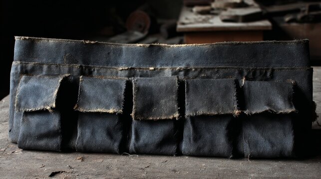 Weathered Tool Pouch on Wooden Table in Dimly Lit Workshop