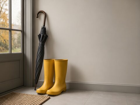 Yellow rain boots and umbrella in a minimal autumn entryway