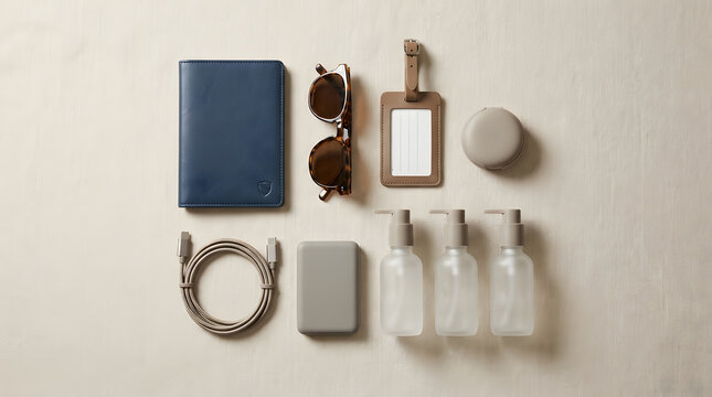 Travel Essentials Flat Lay With Passport Sunglasses Luggage Tag Cables and Toiletry Bottles