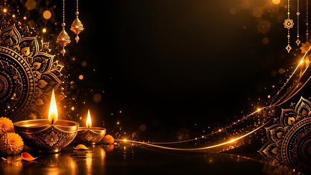 Two lit golden oil lamps with marigold flowers and mandala patterns on dark festive background photo