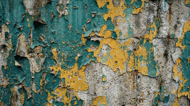 Distressed wall texture with peeling teal and yellow paint over aged concrete surface architectural detail background design element