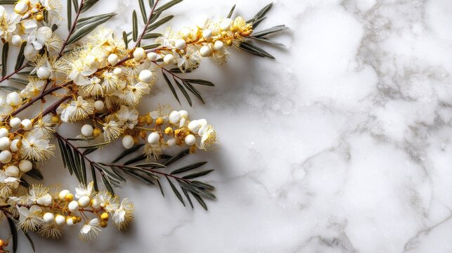 Acacia blossom over white marble background, delicate spring flowers with elegant botanical branches, soft floral texture, minimal luxury nature design, fresh seasonal floral decoration, light neutral