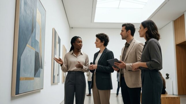 Diverse Business Professionals Attending Modern Art Gallery Exhibition Tour Exploring Abstract Paintings And Discussing Corporate Collectibles