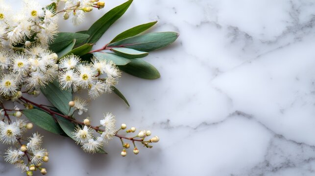 Acacia blossom over white marble background, delicate spring flowers with elegant botanical branches, soft floral texture, minimal luxury nature design, fresh seasonal floral decoration, light neutral